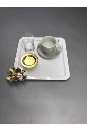 Lüx Kelebek Aksesuarlı Paslanmaz Çelik Kare 6’lı Beyaz Kahve, Çay, Dekoratif Sunum Servis Tepsisi MZKBK666 - 4