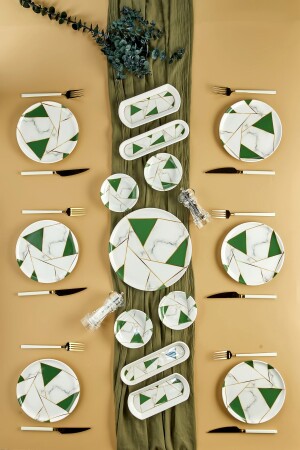 Lüx Seramik Zümrüt Yeşili Mozaik Mermer 15 Parça 6 Kişilik Kahvaltı Takımı Seti - 1