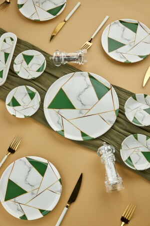 Lüx Seramik Zümrüt Yeşili Mozaik Mermer 15 Parça 6 Kişilik Kahvaltı Takımı Seti - 3