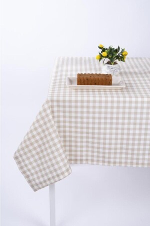 Luxuriöse Tischdecke aus Leinenstoff, schmutzabweisend, optional mit Werbung, Gingham-Beige - 1