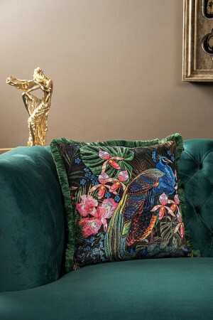 Luxuriöser Samt-Kissenbezug, 43 x 43 cm, dekorativ, weich, für Wohnzimmer, Avantgarde, mit Fransen, grün und schwarz, K-VELVET-1 - 2