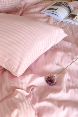 Luxuriöses Bettwäsche-Set für Einzelbett, Hotel-Serie, gestreift, Baumwollsatin, Bettbezug-Set, rosa Farbe, teksaten01 - 2