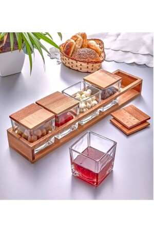 Luxuriöses Glas-Gewürzdosen-Set mit Holzständer und 5er-Abdeckung – Snackschale – Frühstücks-Präsentationsset IL. 337 - 1