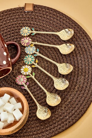 Luxuriöses goldenes Metall mit Gänseblümchen-Motiv, 6 Stück, Gewürzlöffel, Teelöffel, Kaffee- und Zuckerlöffel. 6-teiliger Gänseblümchen-Löffel - 4