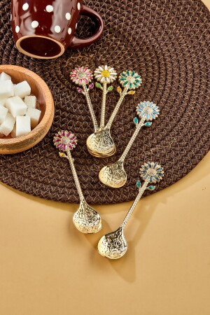 Luxuriöses goldenes Metall mit Gänseblümchen-Motiv, 6 Stück, Gewürzlöffel, Teelöffel, Kaffee- und Zuckerlöffel. 6-teiliger Gänseblümchen-Löffel - 7