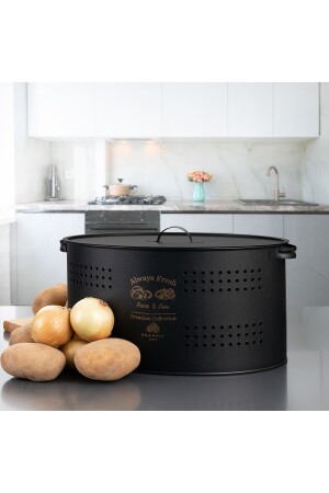Luxuriöses Kartoffel- und Zwiebelregal aus Metall mit Fächern, 6-Liter-Gemüseaufbewahrungsbehälter und Eimer – Schwarz ec-03040508 - 1