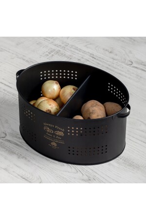 Luxuriöses Kartoffel- und Zwiebelregal aus Metall mit Fächern, 6-Liter-Gemüseaufbewahrungsbehälter und Eimer – Schwarz ec-03040508 - 2