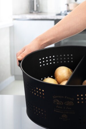 Luxuriöses Kartoffel- und Zwiebelregal aus Metall mit Fächern, 6-Liter-Gemüseaufbewahrungsbehälter und Eimer – Schwarz ec-03040508 - 3