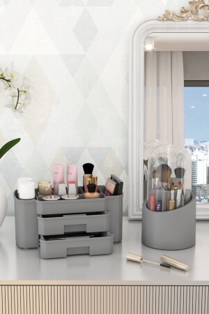 Luxuriöses Make-up-Kosmetik- und Pinselhalter-Organizer-Set, Luxus-Grau - 1