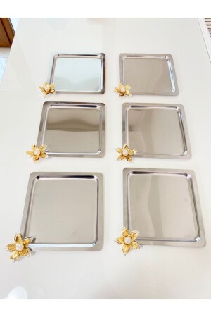 Luxuriöses quadratisches 6er-Set aus Edelstahl mit Lilienblüten, silbernes Kaffee-, Tee- und dekoratives Präsentations-Serviertablett ZMBK66 - 2