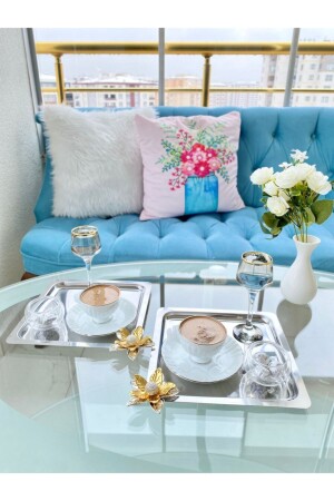 Luxuriöses quadratisches 6er-Set aus Edelstahl mit Lilienblüten, silbernes Kaffee-, Tee- und dekoratives Präsentations-Serviertablett ZMBK66 - 4