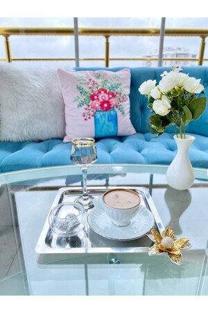 Luxuriöses quadratisches 6er-Set aus Edelstahl mit Lilienblüten, silbernes Kaffee-, Tee- und dekoratives Präsentations-Serviertablett ZMBK66 - 5