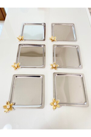 Luxuriöses quadratisches 6er-Set aus Edelstahl mit Lilienblüten, silbernes Kaffee-, Tee- und dekoratives Präsentations-Serviertablett ZMBK66 - 1