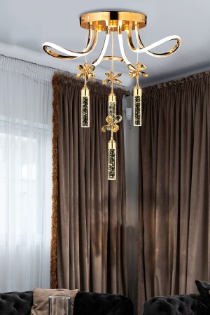 Luxury Modern Kristal Taşlı Sarkıt Kelebek Taşlı Led Avize Gold Sarı TYC00356672819 - 3