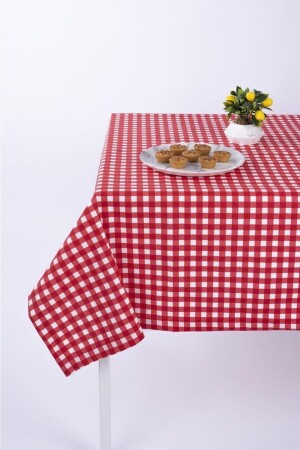 Luxus-Tischdecke aus Leinenstoff, schmutzabweisend, optional mit Werbung, Gingham-Rot - 1