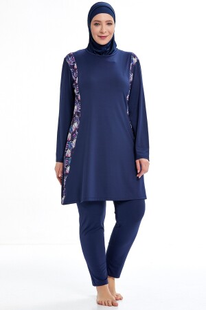 Lycra Battalini Großer Hijab-Badeanzug mit Blumenmuster, langärmlig und vollständig bedeckend, dunkelmarineblau, 961 - 1