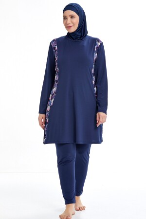 Lycra Battalini Großer Hijab-Badeanzug mit Blumenmuster, langärmlig und vollständig bedeckend, dunkelmarineblau, 961 - 4