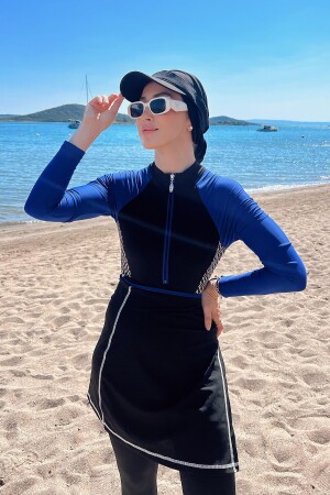 Lycra-Hijab-Badeanzug, der auf drei verschiedene Arten getragen werden kann. Kragen 4455 Schwarz A4455-SYH - 1