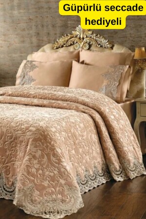 Madam Gold Özel Kutulu Kahverengi Çift Kişilik Fransız Güpürlü Battaniye Set-çeyizlik Battaniye Seti - Constrain