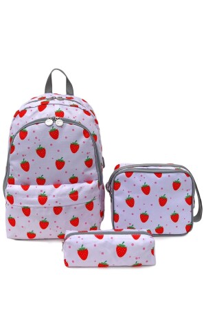 Mädchen-Grundschultasche mit Erdbeermuster, Rucksack, Lunchbox und Stifthalter im 3er-Set - 1