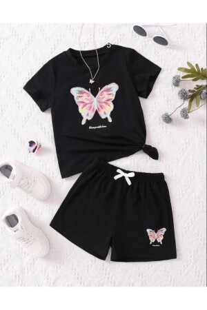 Mädchenanzug mit buntem Schmetterlingsdruck, gekämmter Baumwolle, Shorts unten und oben, T-Shirt-Kombination, Colorfulkelebekteam - 1