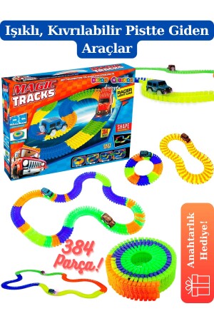 Magic Trucks 384 Parça Raylı Pist - Raylı Araç Oyuncak - Tren Oyuncak - Renkli Araç Yolu - Pist Set - 1