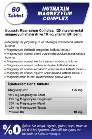Magnezyum Complex 60 Tablet 125 Mg - Bisiglinat - Taurat - Malat - Sitrat - B6 8680512632108 - 4