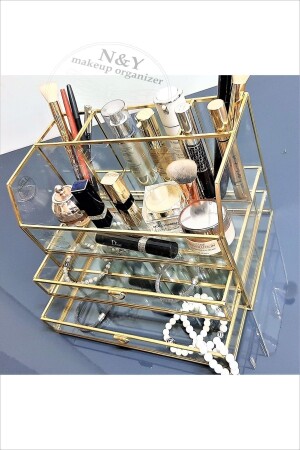 Make-up-Organizer mit zwei Schubladen aus Messing und Glas der Paris-Serie (28 cm) PSBGÇÇ-196 - 1