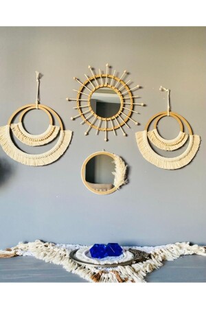 Makrome Bambu Ve Ahşap Ayna Duvar Dekorasyon Ürünü 4’lü Set - Kattuna