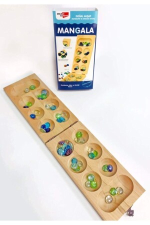 Mancala aus natürlichem Holz – Mancala aus Buche mit Deckel, Rätsel (Glassteine) - 2