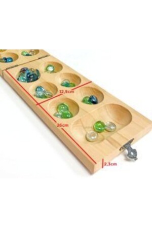 Mancala aus natürlichem Holz – Mancala aus Buche mit Deckel, Rätsel (Glassteine) - 4