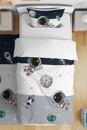 Marineblau-graues „Space and Little Astronaut“-gemustertes Einzelbettbezug-Set für Babys und Kinder evnev00194 - 1