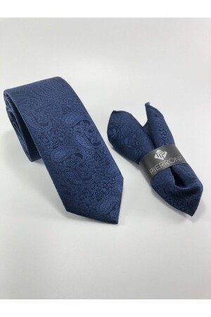 Marineblaue Einstecktuch-Krawatte mit Schalmuster für Herren P0023 - 1