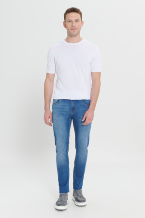 Marineblaue, extra schmal geschnittene Slim-Fit-Riss-Baumwoll-Jeans aus flexiblem Denim für Herren ET0100000001 - 4