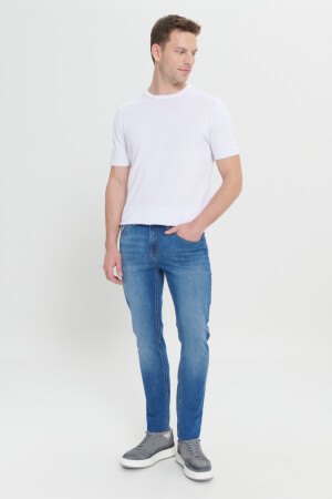 Marineblaue, extra schmal geschnittene Slim-Fit-Riss-Baumwoll-Jeans aus flexiblem Denim für Herren ET0100000001 - 5