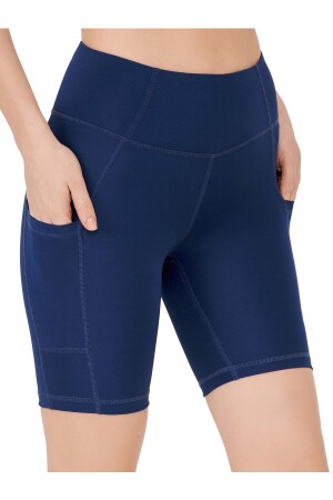 Marineblaue, glättende Biker-Shorts mit doppelter Tasche und kurzer Sportstrumpfhose mit hoher Taille für Damen - 1