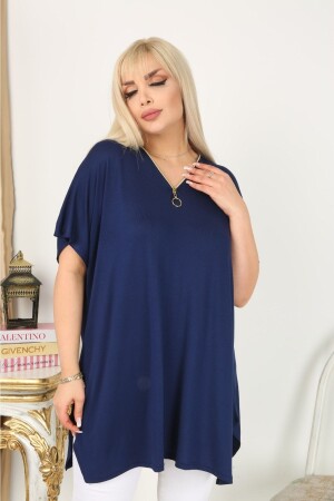 Marineblaue Oversize-Bluse mit Reißverschluss und Details - 1