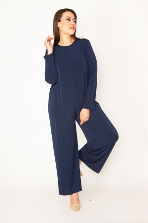 Marineblauer Damen-Jumpsuit in großer Größe mit verstecktem Reißverschluss am Rücken und weitem Bein 65n32512 - 1