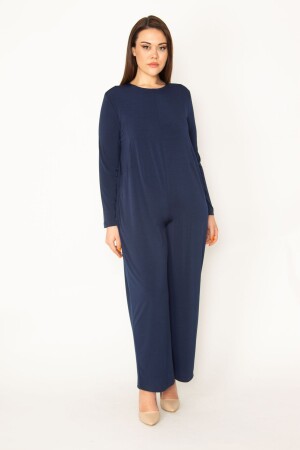 Marineblauer Damen-Jumpsuit in großer Größe mit verstecktem Reißverschluss am Rücken und weitem Bein 65n32512 - 3