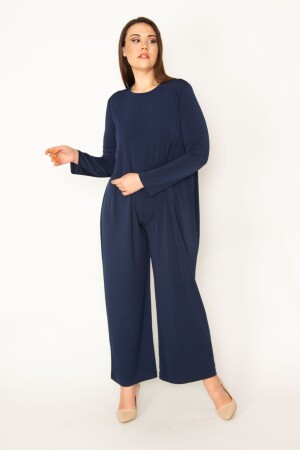 Marineblauer Damen-Jumpsuit in großer Größe mit verstecktem Reißverschluss am Rücken und weitem Bein 65n32512 - 4