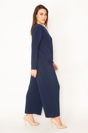 Marineblauer Damen-Jumpsuit in großer Größe mit verstecktem Reißverschluss am Rücken und weitem Bein 65n32512 - 5