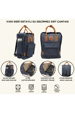 Marineblauer Unisex-Rucksack aus wasserdichtem Imperteks-Gewebe mit Griff aus 100 % echtem Leder und Laptopfach - 3