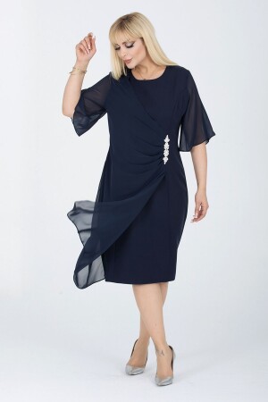 Marineblaues Damen-Abendkleid aus gewebtem Chiffon in Übergröße mit Glasstein-Accessoires - 1Fazlası