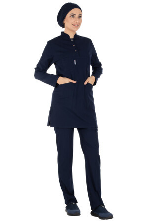 Marineblaues, dickes Lycra-Hijab-Krankenschwesteruniform- und Chirurgenarzt-Uniform-Set LIKRA-TESETTUR - 1