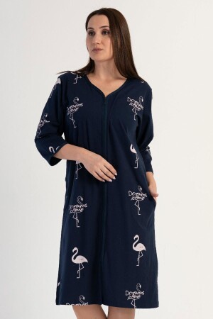 Marineblaues Heimkleid mit Capri-Ärmeln und Reißverschluss für Damen C1T0N2113 - 1