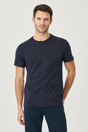 Marineblaues Herren-T-Shirt aus 100 % Baumwolle mit schmaler Passform und schmalem Schnitt und Rundhalsausschnitt - 1