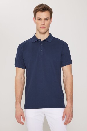 Marineblaues Herren-T-Shirt mit Rollkragen aus 100 % Baumwolle, schmale Passform, schmaler Schnitt, Polokragen, kurzärmlig - Altınyıldız Classics