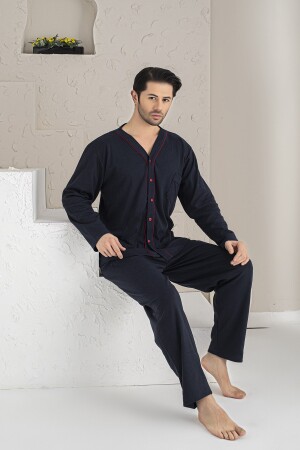 Marineblaues Langarm-Pyjama-Set für Herren, vorne geknöpft - 1