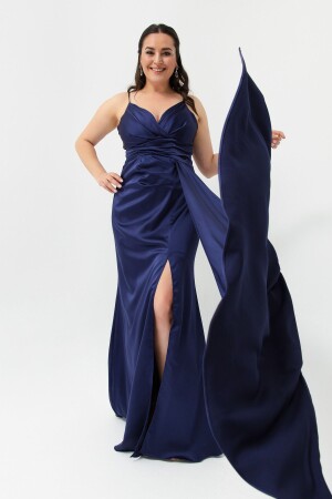 Marineblaues langes Abendkleid und Abschlusskleid aus Satin für Damen in Übergröße - Lafaba