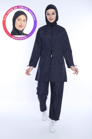 Marineblaues Lycra-Kopftuch, 4-teilig, vollständig bedeckt, wasserabweisend, schnell trocknend, Hijab-Badeanzug mit Reißverschluss, TMS1011 - 1
